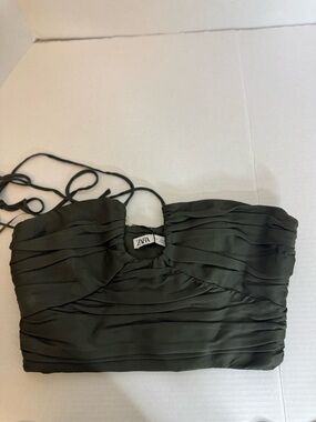 Zara Olive Ruched Bandeau Top with Removable Tie Straps